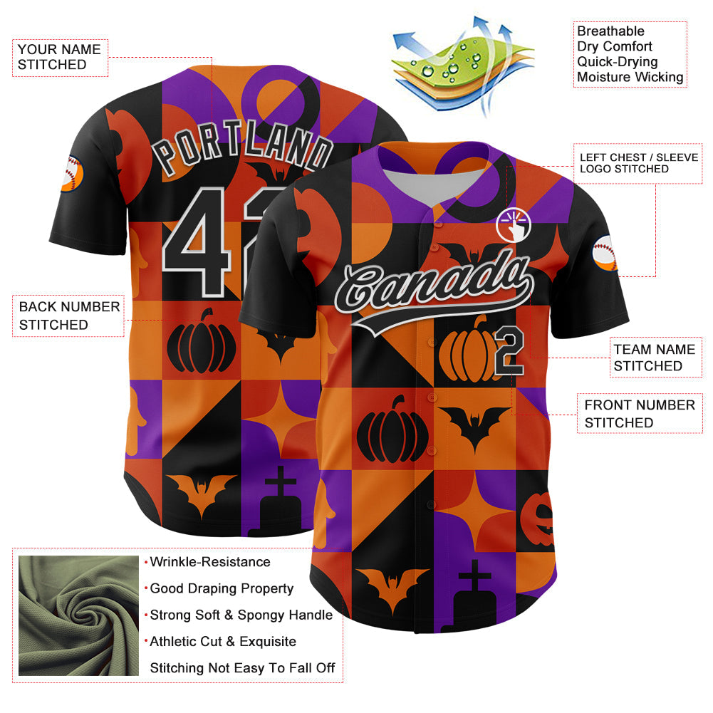 Custom Orange Black-Purple 3D Halloween Authentic Baseball Jersey view 3