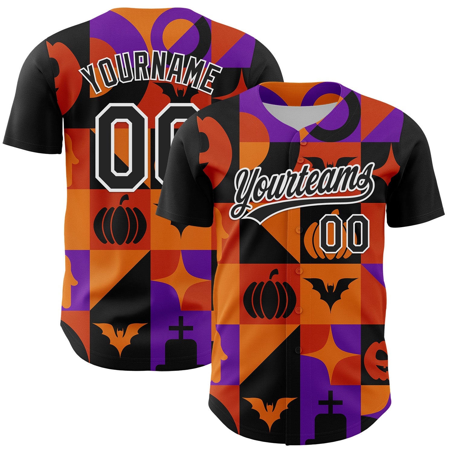 Custom Orange Black-Purple 3D Halloween Authentic Baseball Jersey - Main View