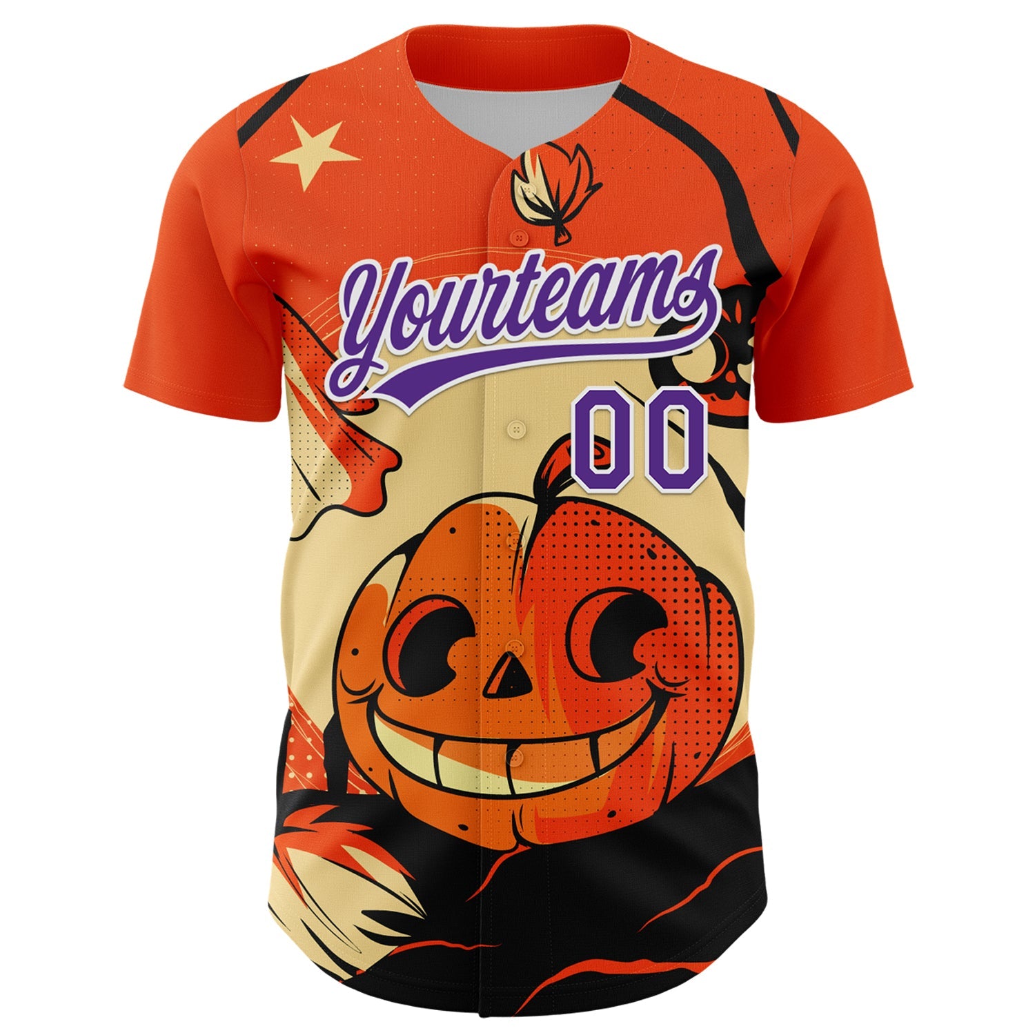 Custom Orange Purple-White 3D Halloween Authentic Baseball Jersey view 2