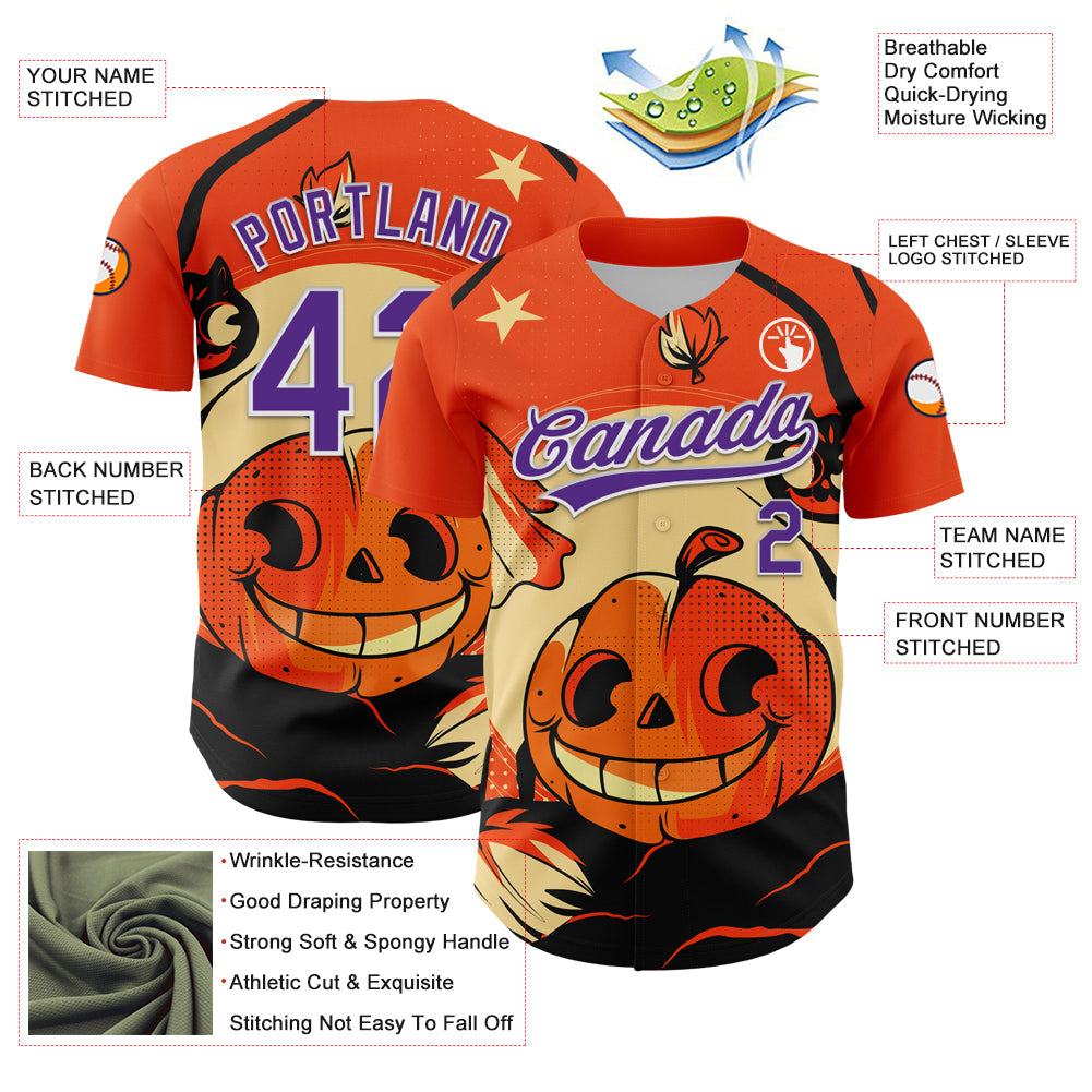 Custom Orange Purple-White 3D Halloween Authentic Baseball Jersey view 3