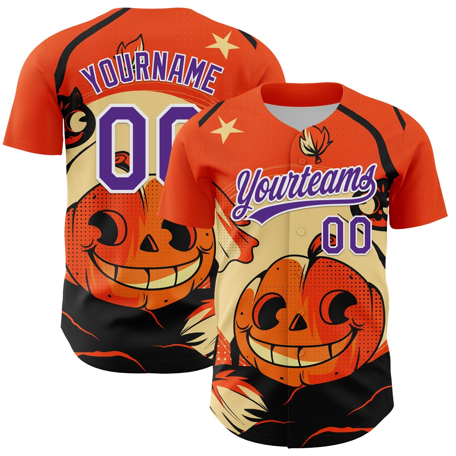 Custom Orange Purple-White 3D Halloween Authentic Baseball Jersey - Main View