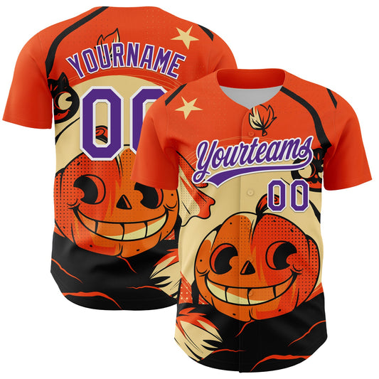 Custom Orange Purple-White 3D Halloween Authentic Baseball Jersey - Main View