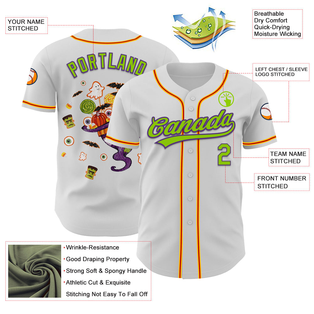 Custom White Neon Green Purple Gold-Red 3D Halloween Authentic Baseball Jersey view 3