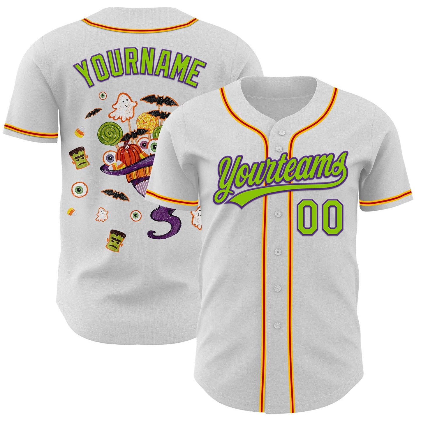Custom White Neon Green Purple Gold-Red 3D Halloween Authentic Baseball Jersey - Main View