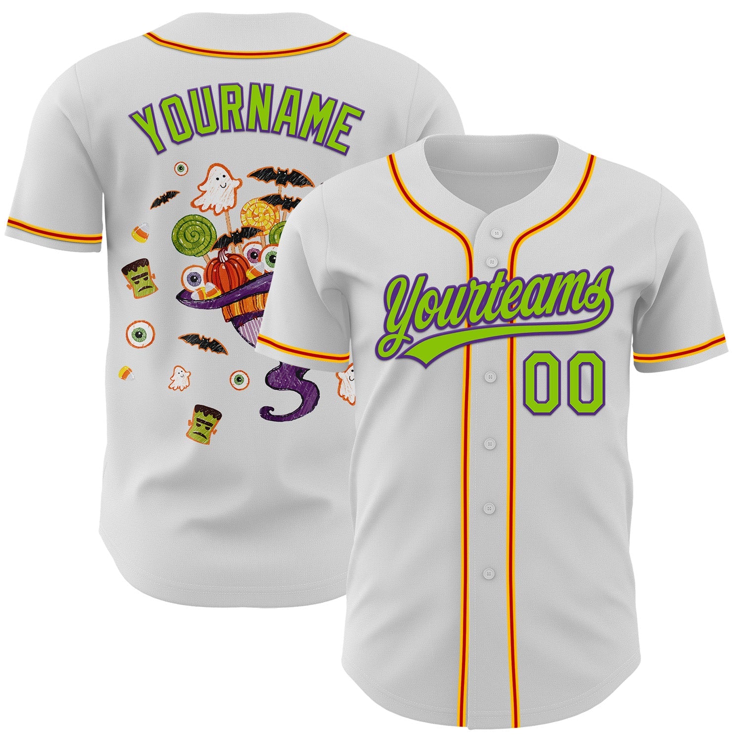 Custom White Neon Green Purple Gold-Red 3D Halloween Authentic Baseball Jersey - Main View