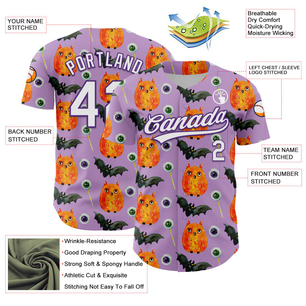 Custom Light Purple White-Purple 3D Halloween Authentic Baseball Jersey view 3