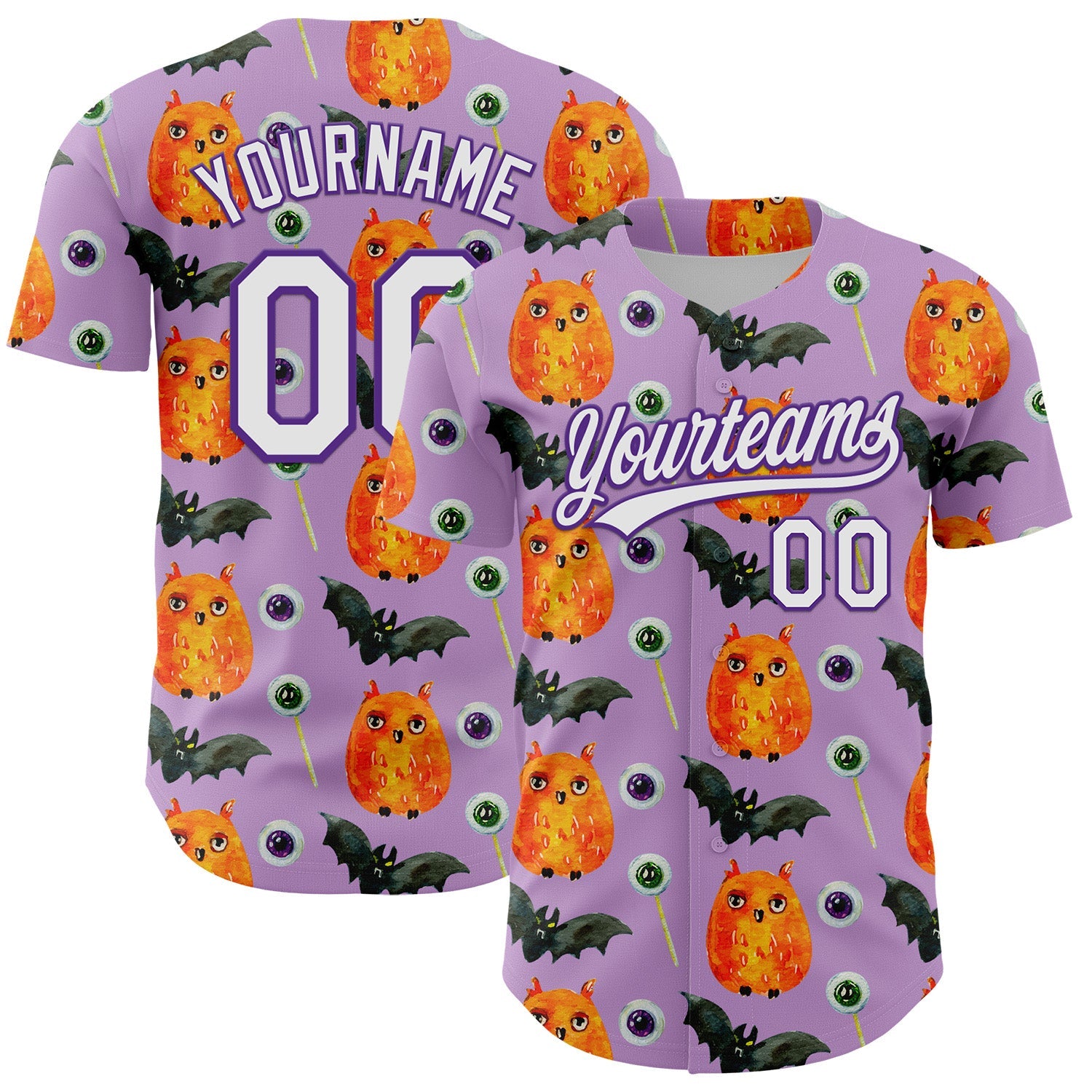 Custom Light Purple White-Purple 3D Halloween Authentic Baseball Jersey - Main View