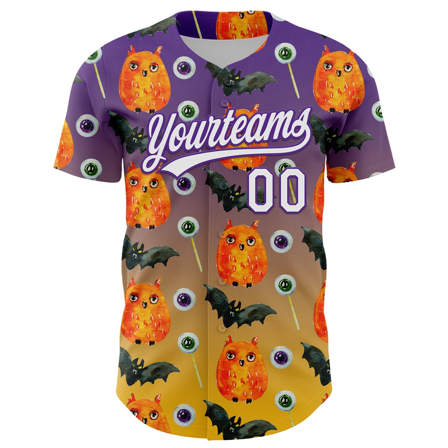Custom Purple White-Yellow 3D Halloween Authentic Baseball Jersey view 2