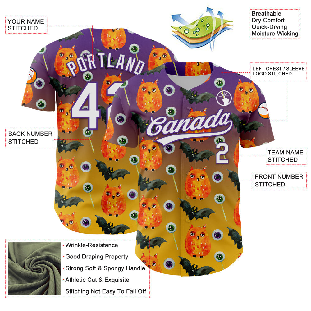 Custom Purple White-Yellow 3D Halloween Authentic Baseball Jersey view 3