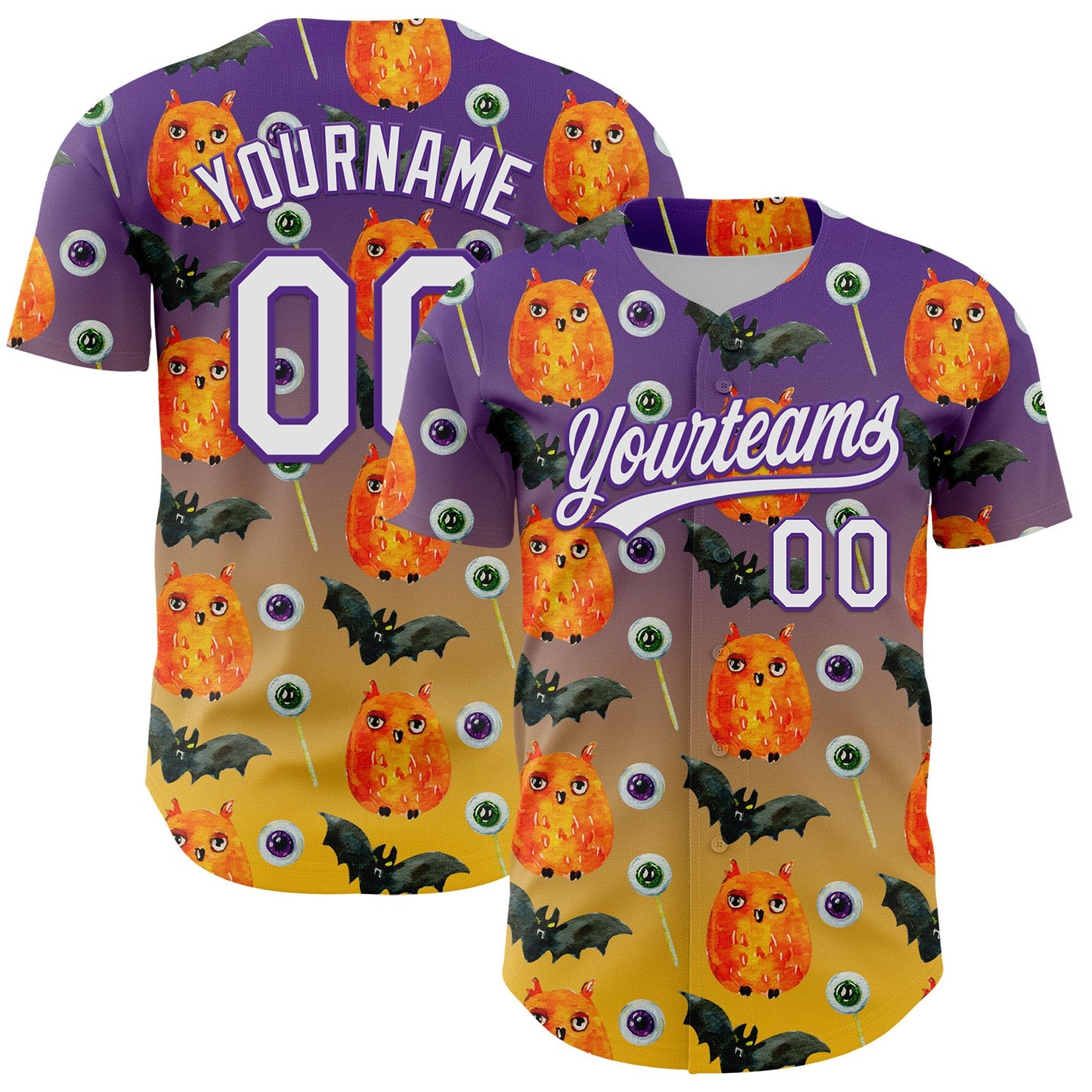 Custom Purple White-Yellow 3D Halloween Authentic Baseball Jersey - Main View