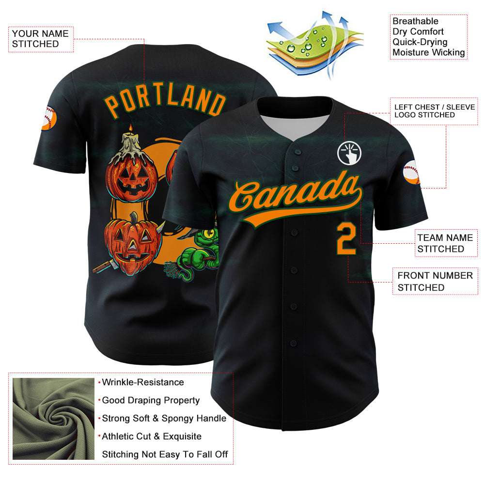 Custom Black Bay Orange-Green 3D Halloween Authentic Baseball Jersey view 3