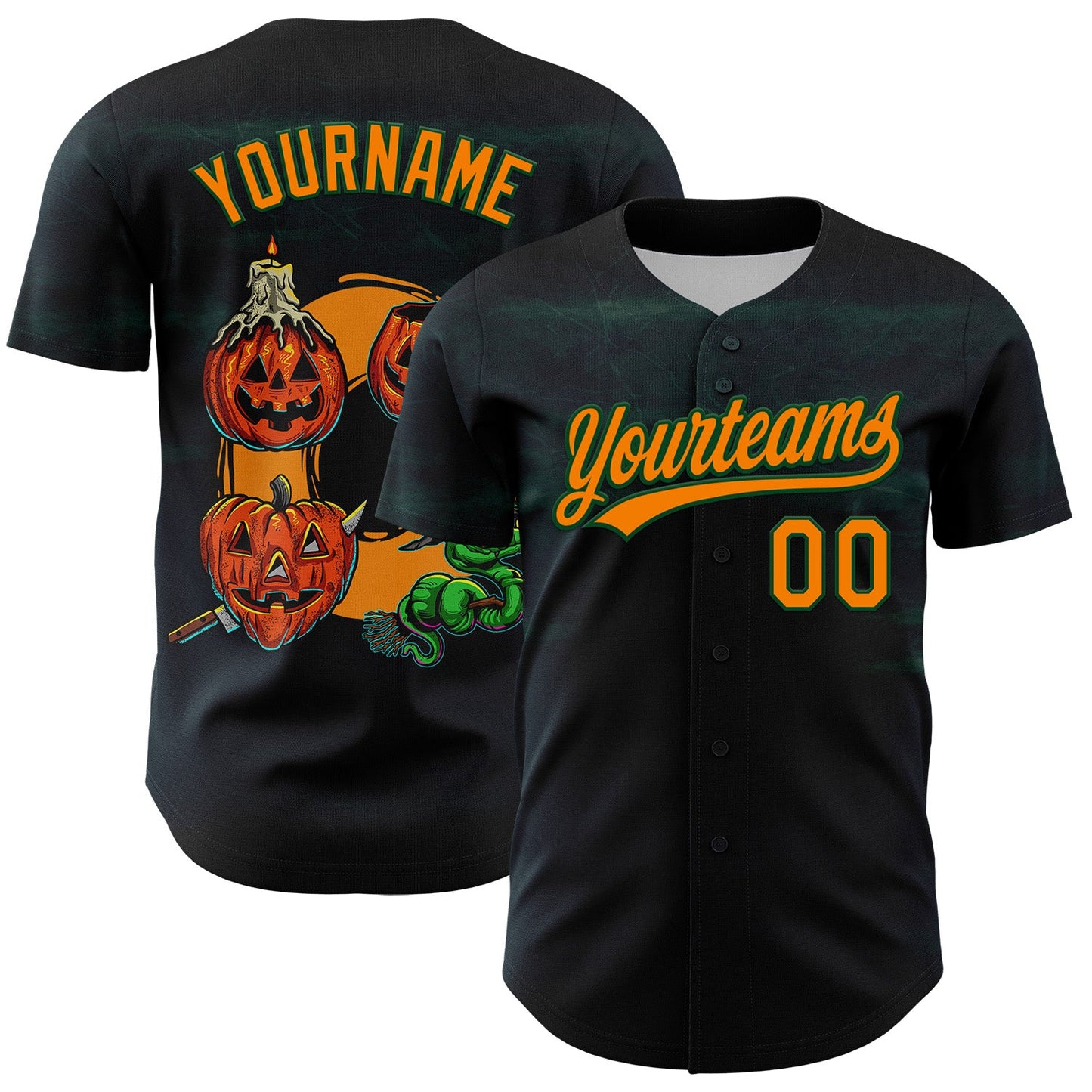 Custom Black Bay Orange-Green 3D Halloween Authentic Baseball Jersey - Main View