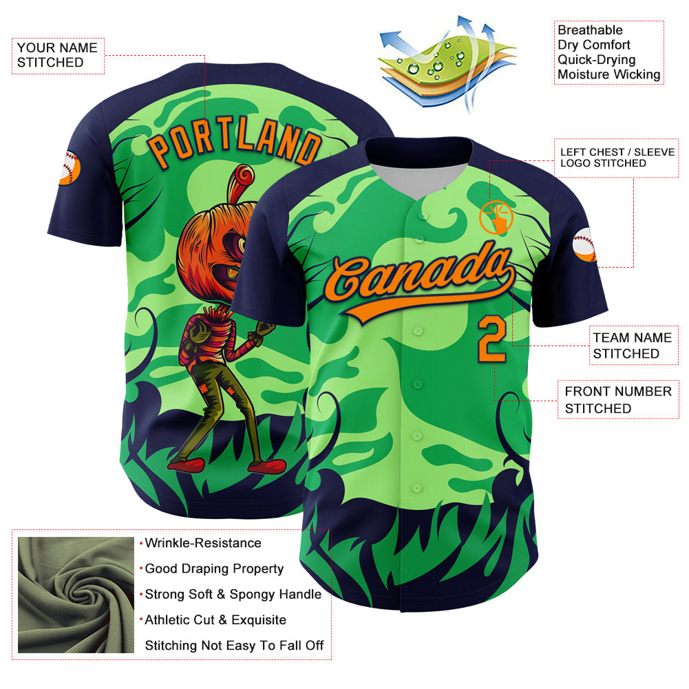 Custom Neon Green Bay Orange-Navy 3D Halloween Authentic Baseball Jersey view 3