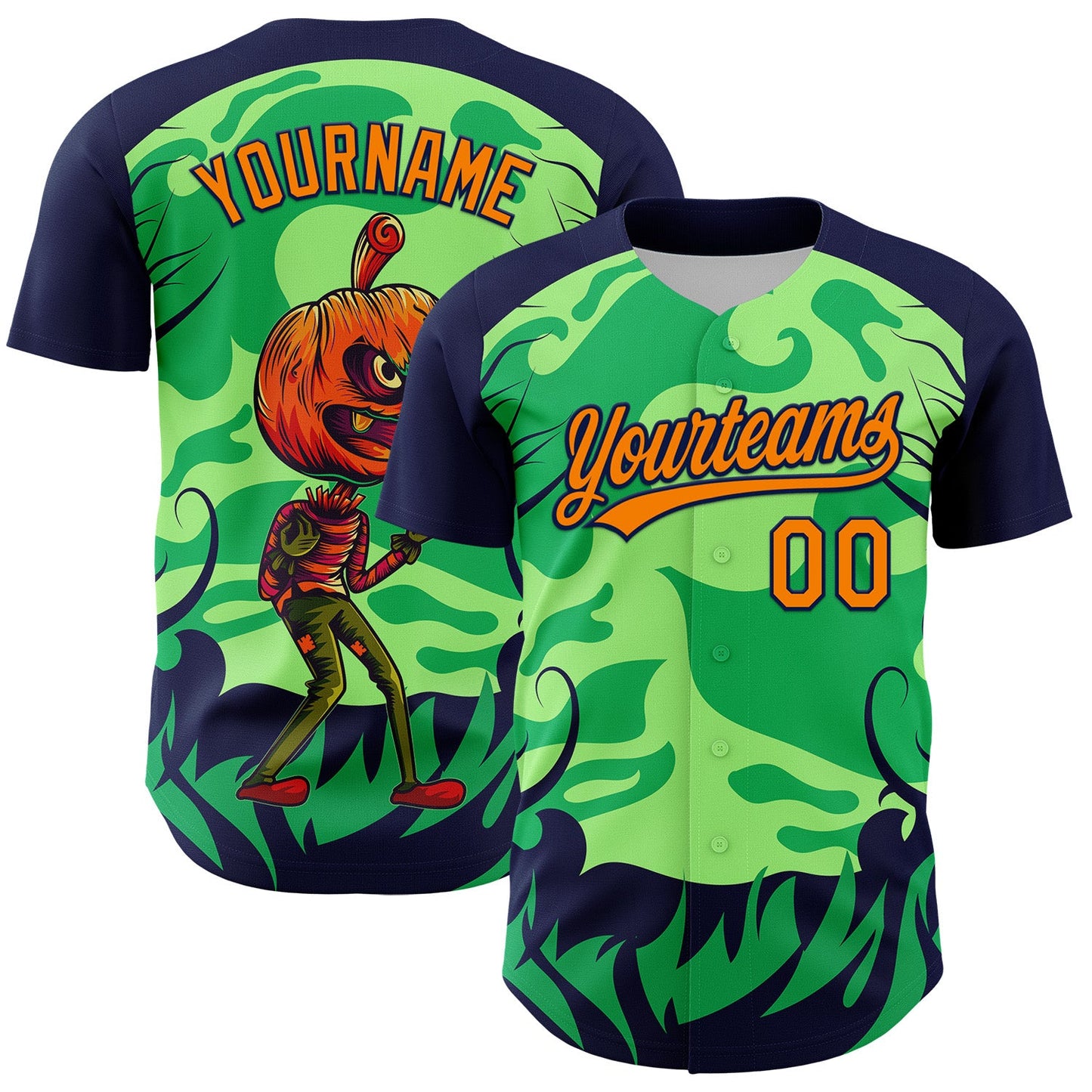 Custom Neon Green Bay Orange-Navy 3D Halloween Authentic Baseball Jersey - Main View