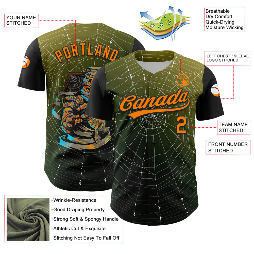 Custom Black Bay Orange 3D Halloween Authentic Baseball Jersey view 3