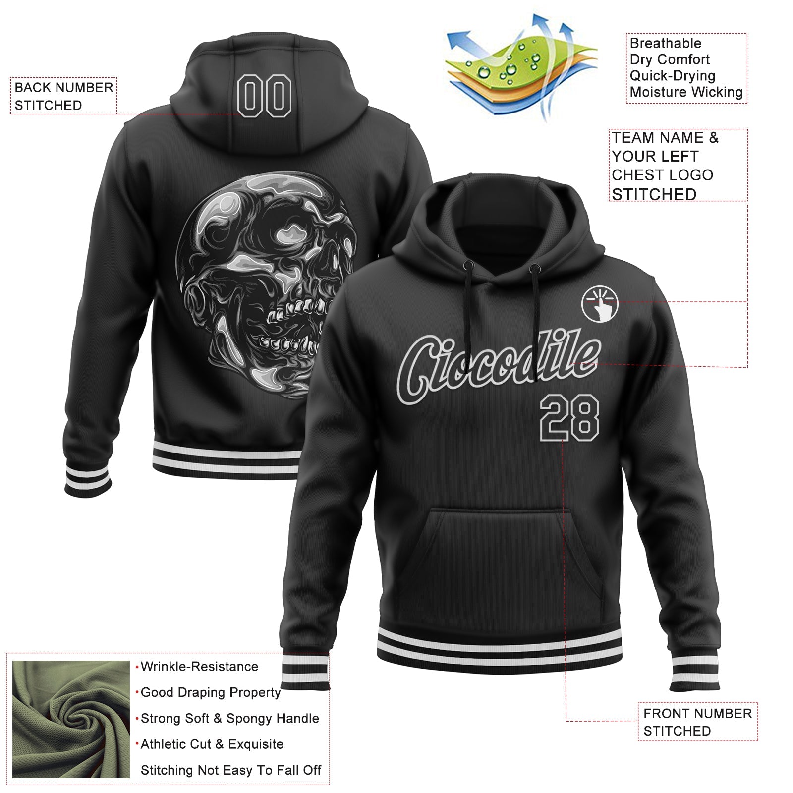 Custom Stitched Black White 3D Halloween Sports Pullover Sweatshirt Hoodie view 2
