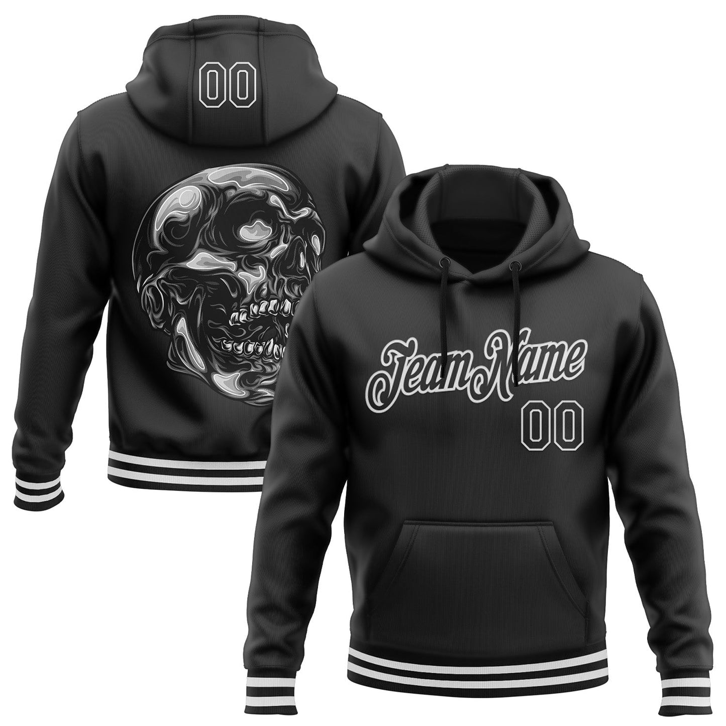 Custom Stitched Black White 3D Halloween Sports Pullover Sweatshirt Hoodie - Main View