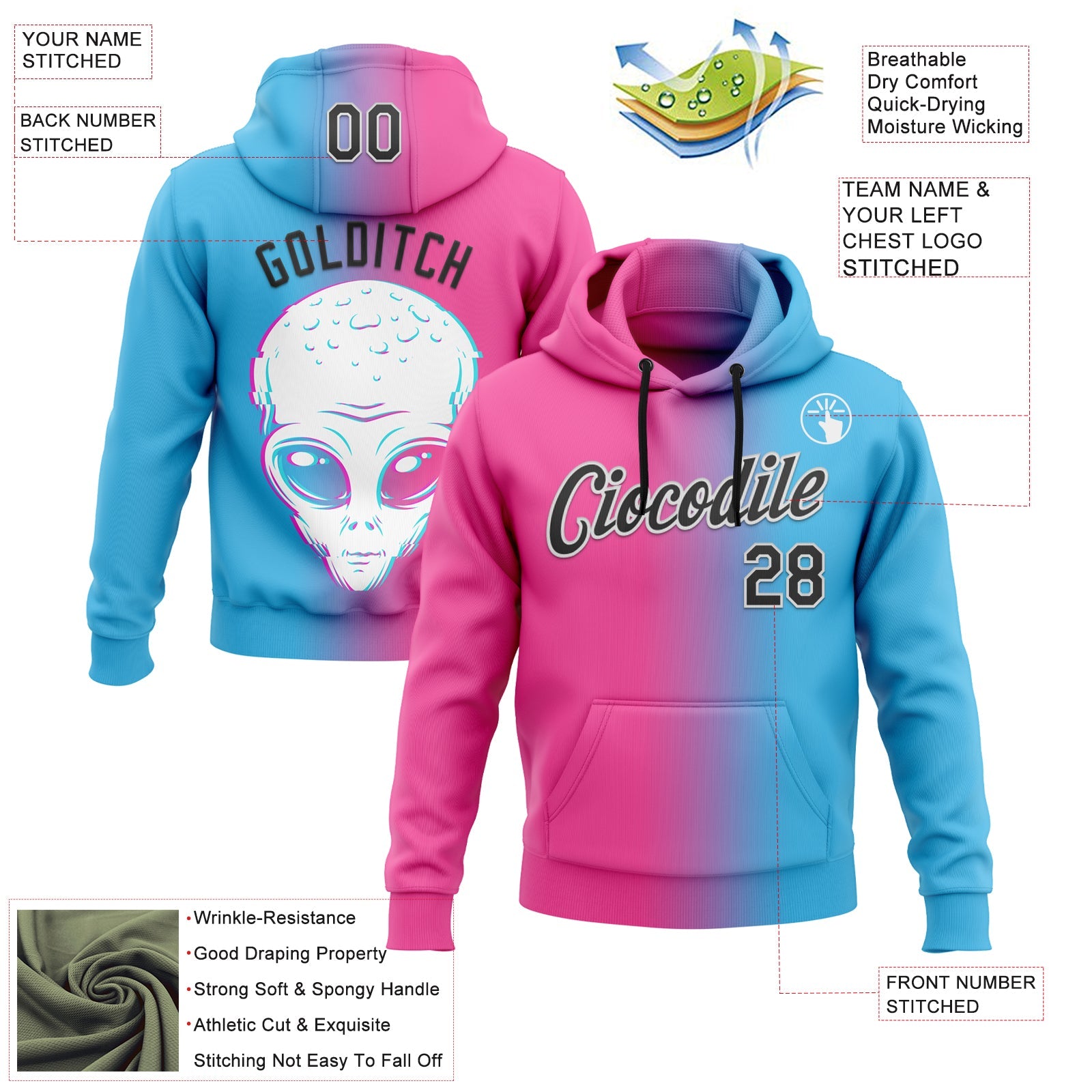 Custom Stitched Sky Blue Black-Pink 3D Halloween Gradient Sports Pullover Sweatshirt Hoodie view 2