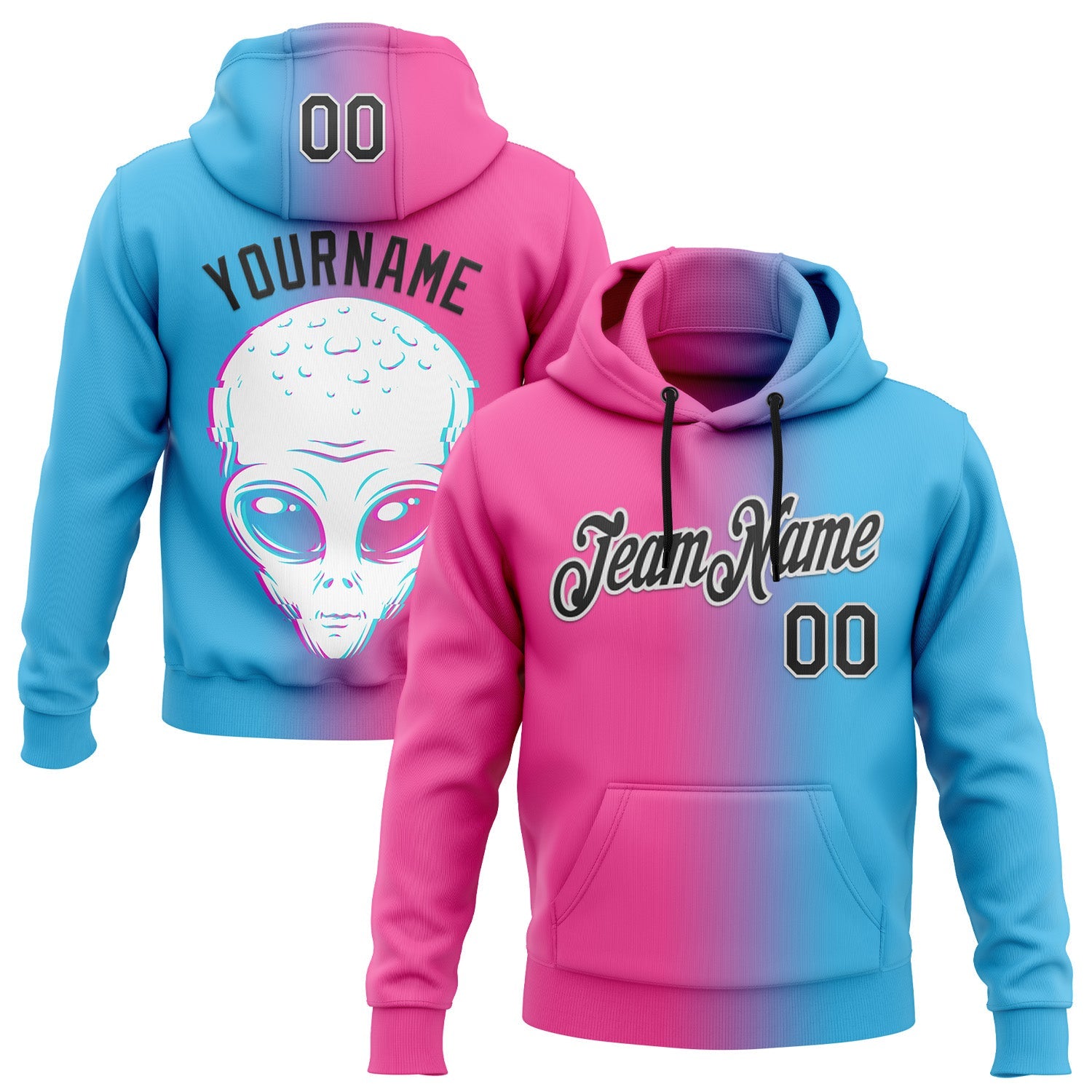 Custom Stitched Sky Blue Black-Pink 3D Halloween Gradient Sports Pullover Sweatshirt Hoodie - Main View