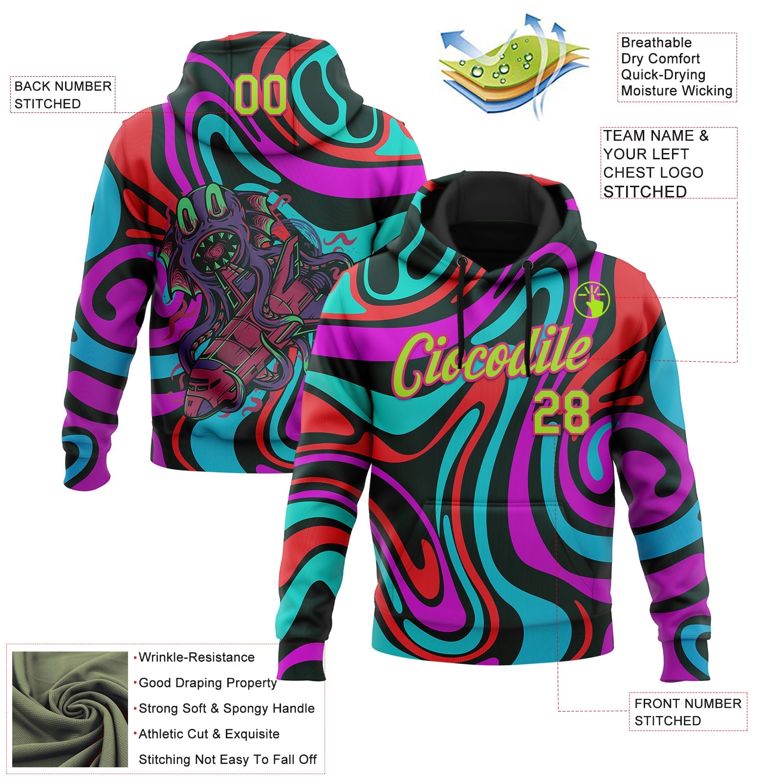 Custom Stitched Black Neon Green-Hot Pink 3D Halloween Fluid Sports Pullover Sweatshirt Hoodie view 2