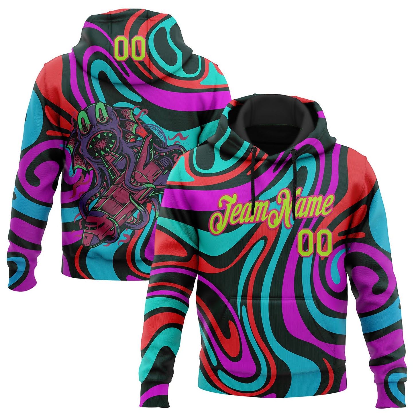Custom Stitched Black Neon Green-Hot Pink 3D Halloween Fluid Sports Pullover Sweatshirt Hoodie - Main View