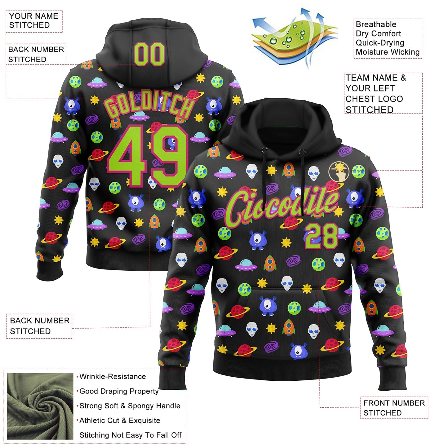 Custom Stitched Black Neon Green-Hot Pink 3D Halloween Sports Pullover Sweatshirt Hoodie view 2