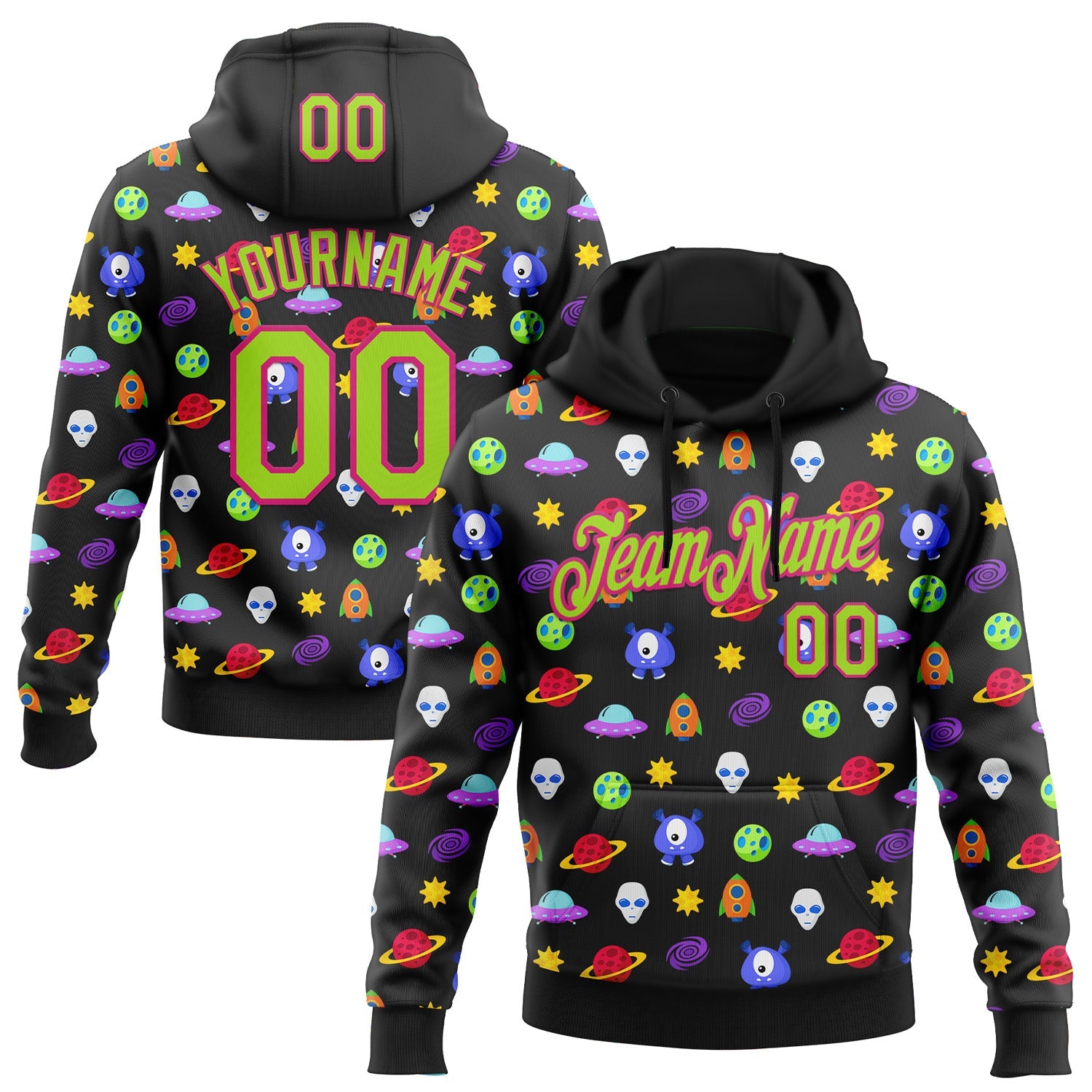 Custom Stitched Black Neon Green-Hot Pink 3D Halloween Sports Pullover Sweatshirt Hoodie - Main View