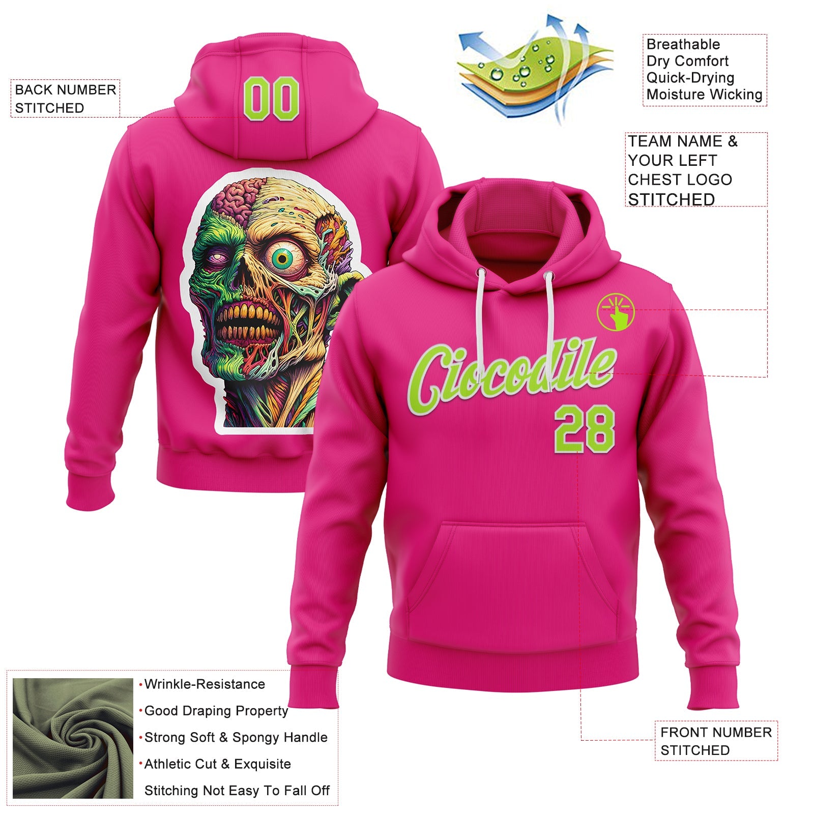 Custom Stitched Hot Pink Neon Green-White 3D Halloween Sports Pullover Sweatshirt Hoodie view 2