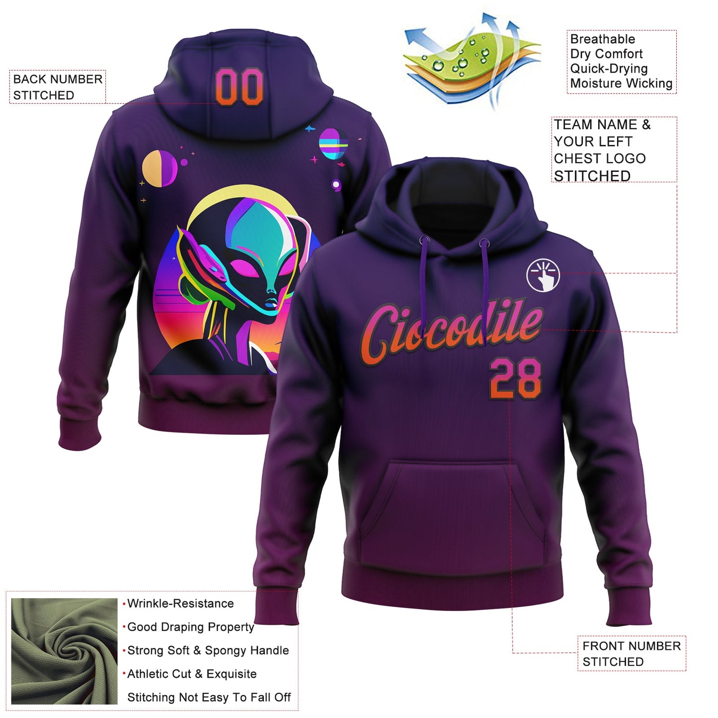 Custom Stitched Purple Deep Pink Orange-Black 3D Halloween Sports Pullover Sweatshirt Hoodie view 2