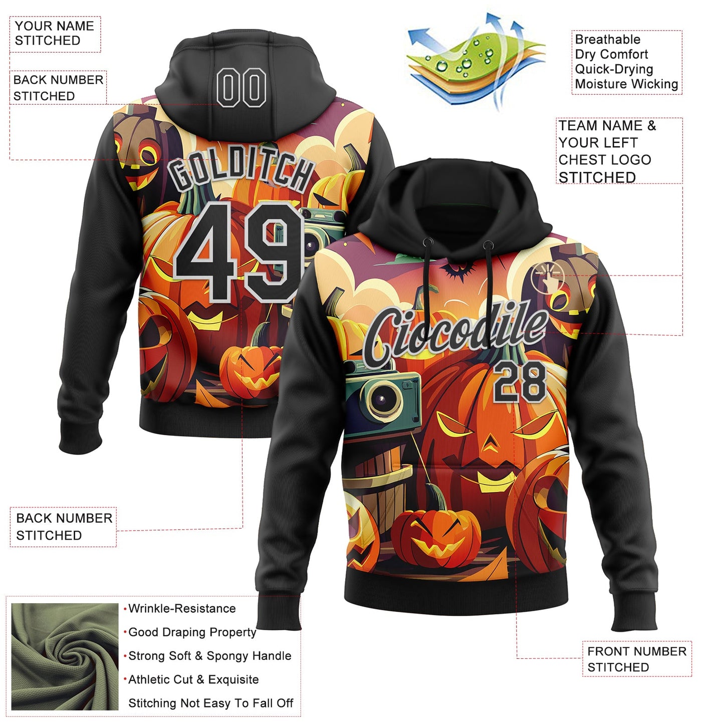 Custom Stitched Black White 3D Halloween Sports Pullover Sweatshirt Hoodie view 2