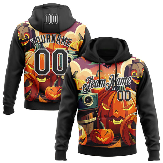 Custom Stitched Black White 3D Halloween Sports Pullover Sweatshirt Hoodie - Main View