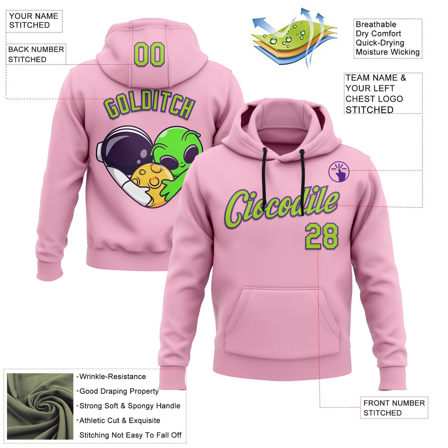 Custom Stitched Light Pink Neon Green-Purple 3D Halloween Sports Pullover Sweatshirt Hoodie view 2