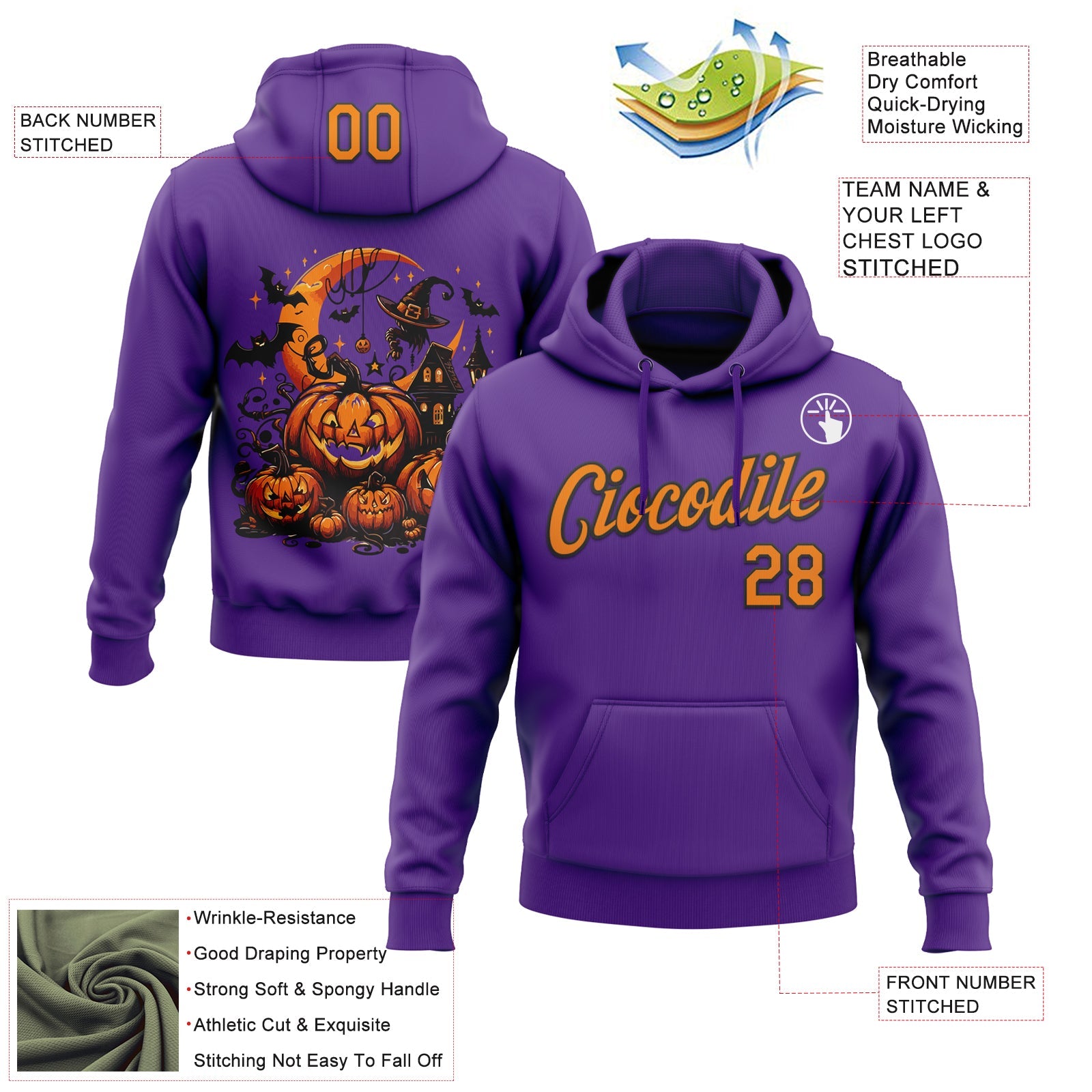 Custom Stitched Purple Bay Orange-Black 3D Halloween Sports Pullover Sweatshirt Hoodie view 2