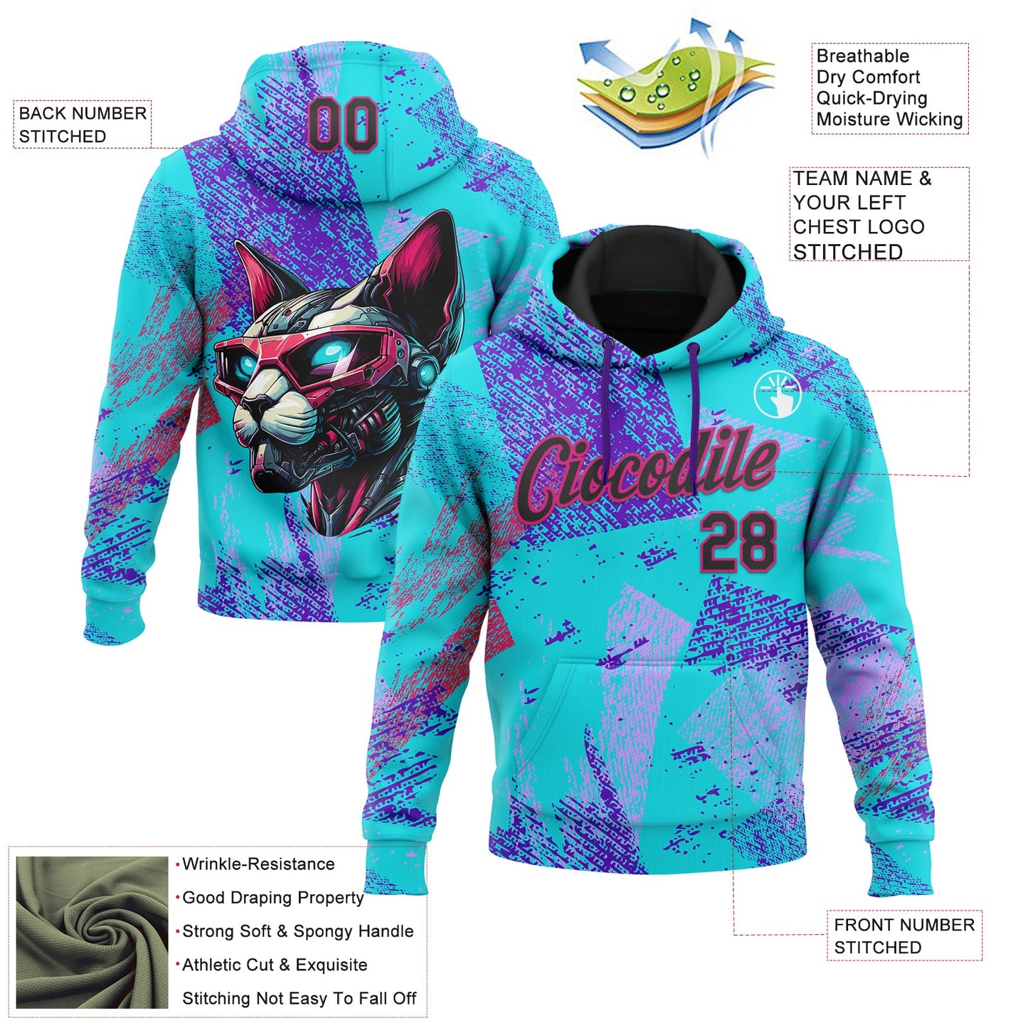 Custom Stitched Ice Blue Black-Hot Pink 3D Halloween Abstract Brush Stroke Sports Pullover Sweatshirt Hoodie view 2