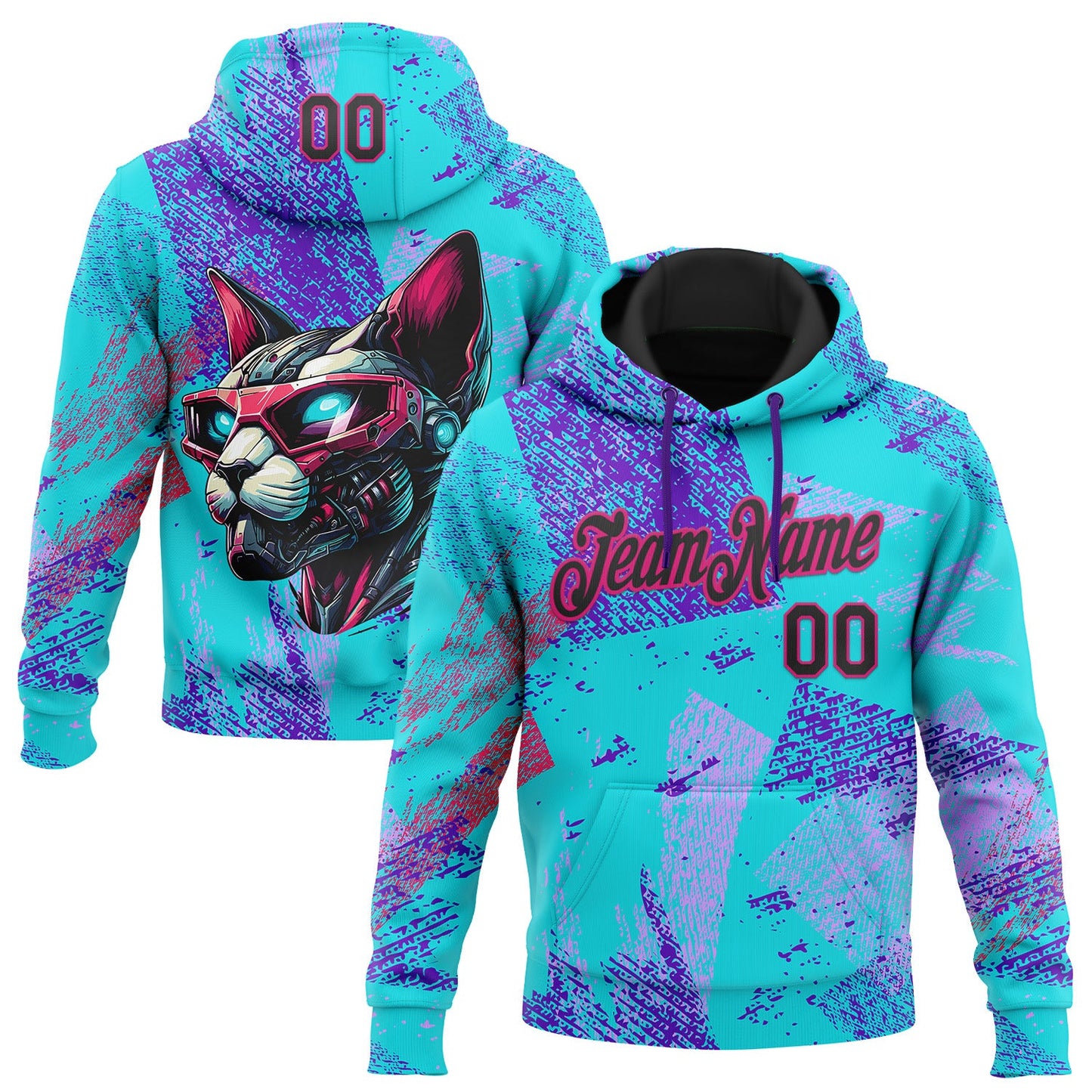 Custom Stitched Ice Blue Black-Hot Pink 3D Halloween Abstract Brush Stroke Sports Pullover Sweatshirt Hoodie - Main View