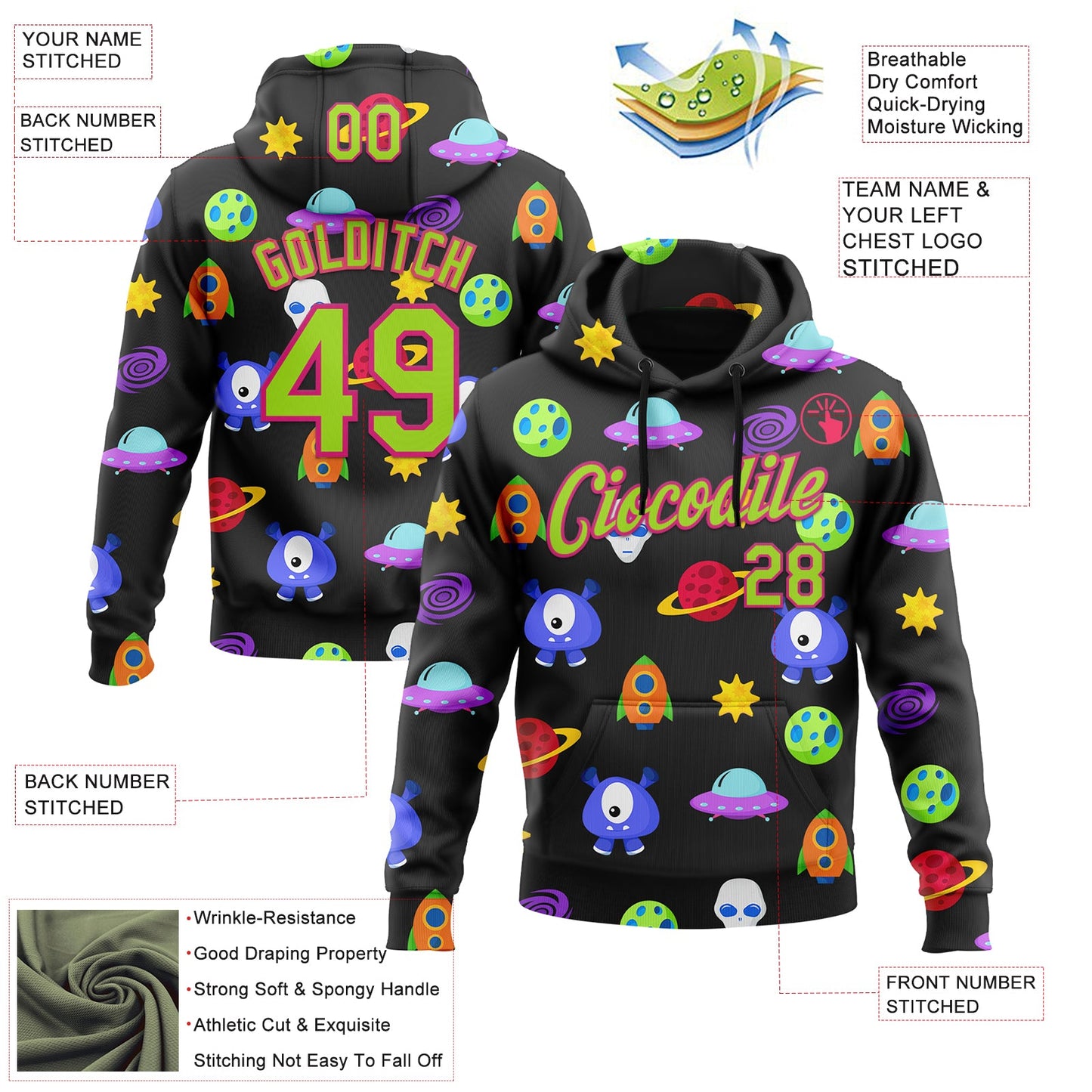 Custom Stitched Black Neon Green-Hot Pink 3D Halloween Sports Pullover Sweatshirt Hoodie view 2