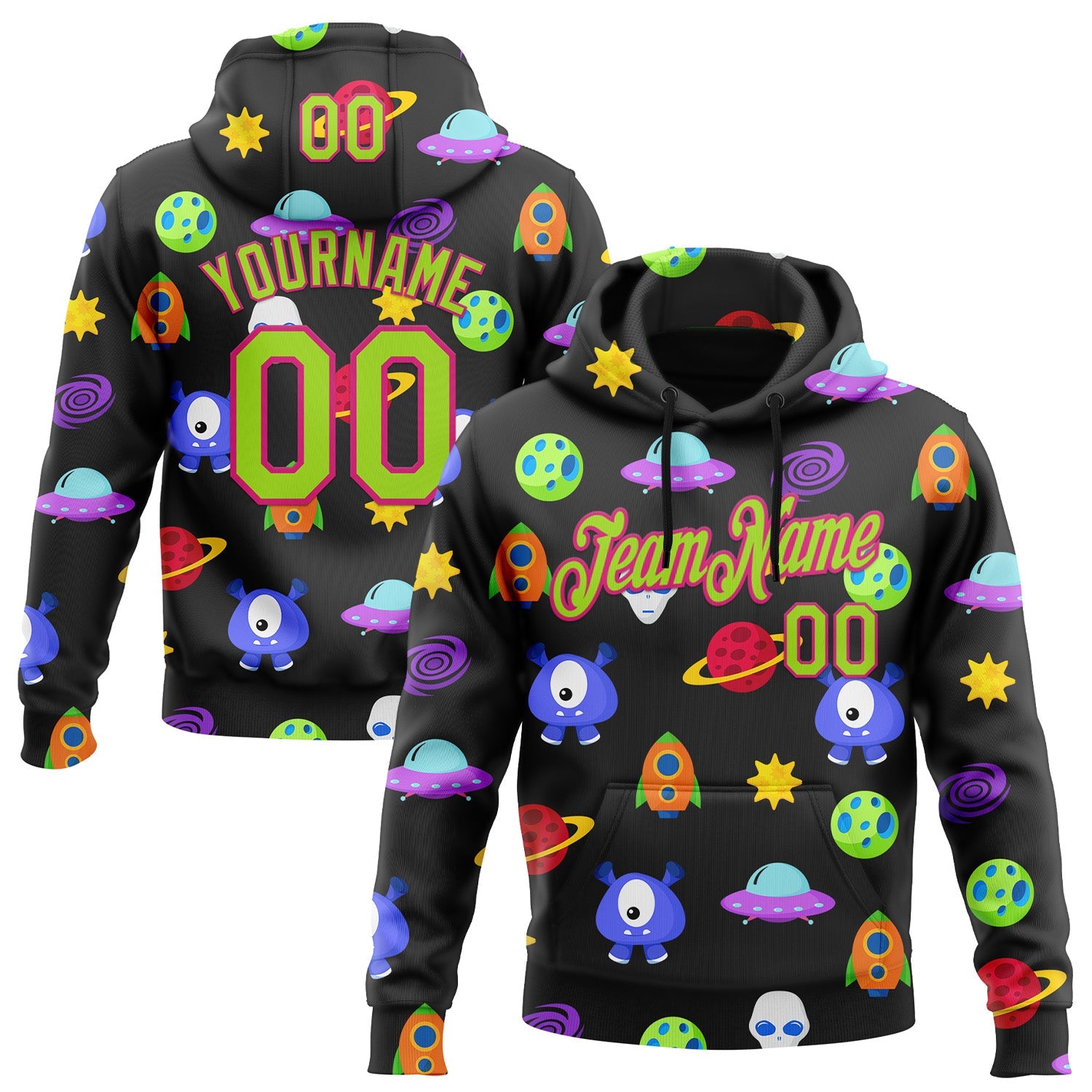Custom Stitched Black Neon Green-Hot Pink 3D Halloween Sports Pullover Sweatshirt Hoodie - Main View