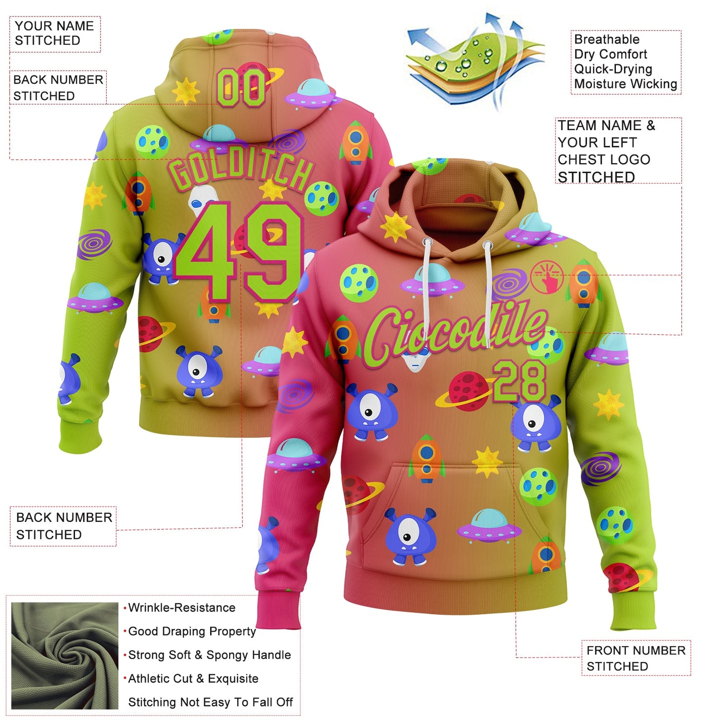 Custom Stitched Neon Green Hot Pink 3D Halloween Gradient Sports Pullover Sweatshirt Hoodie view 2