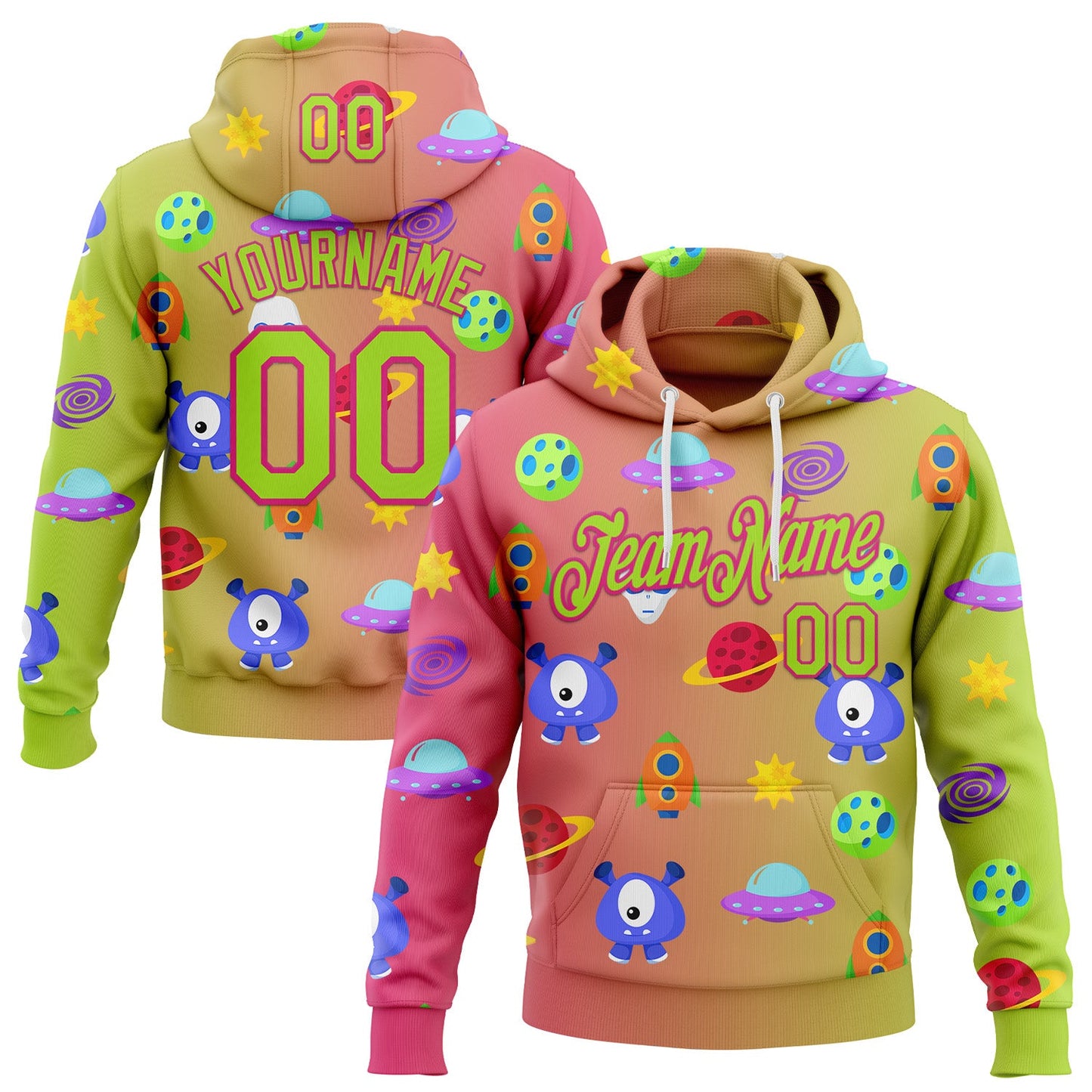 Custom Stitched Neon Green Hot Pink 3D Halloween Gradient Sports Pullover Sweatshirt Hoodie - Main View