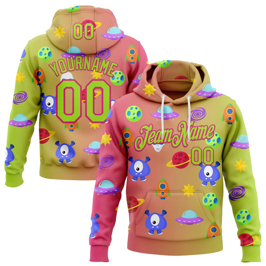 Custom Stitched Neon Green Hot Pink 3D Halloween Gradient Sports Pullover Sweatshirt Hoodie - Main View