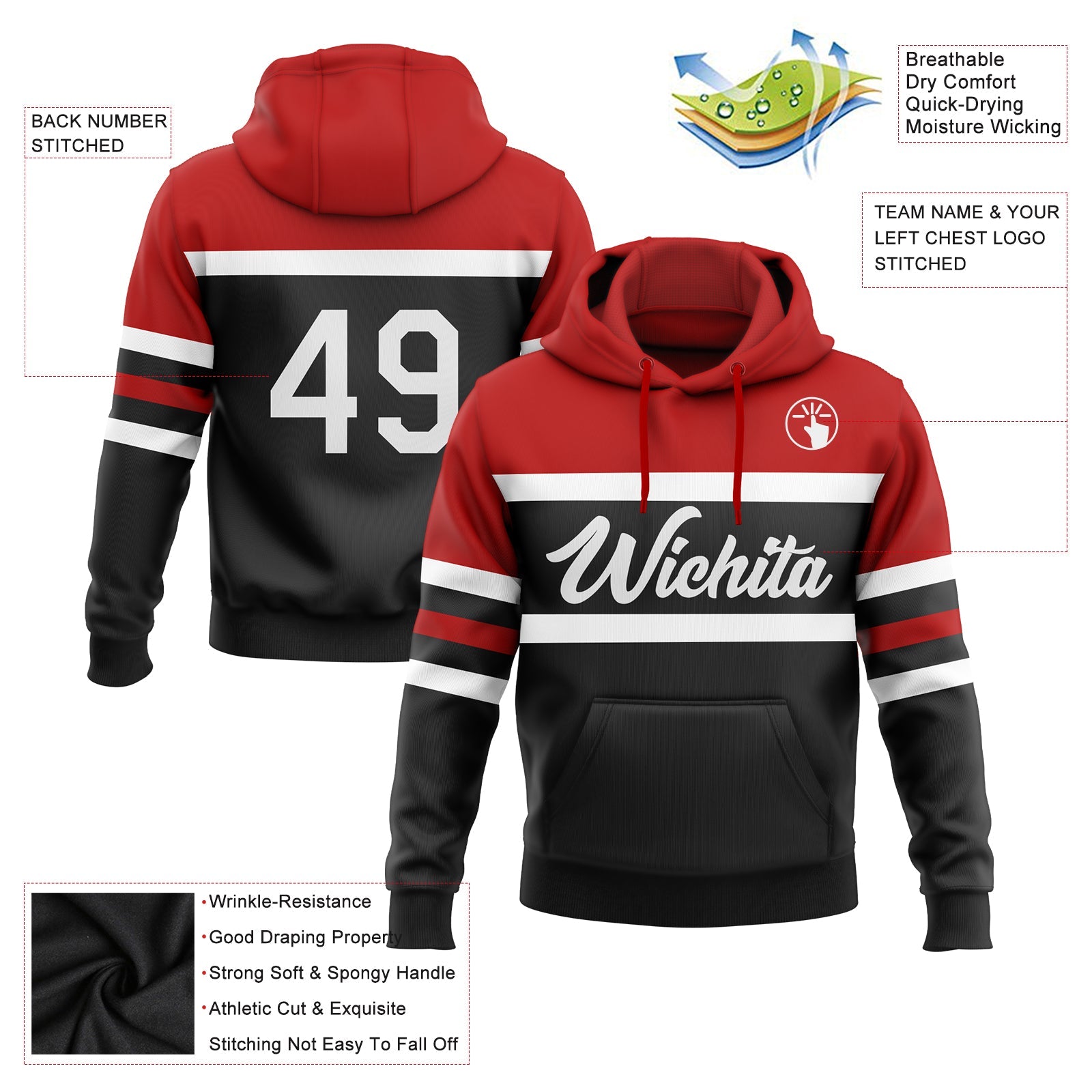 Custom Stitched Black White-Red Line Sports Pullover Sweatshirt Hoodie view 2