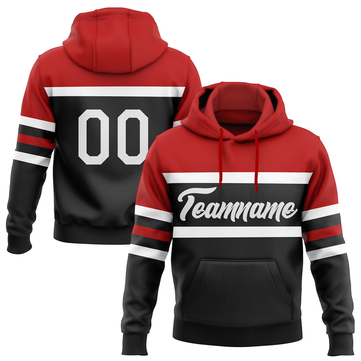Custom Stitched Black White-Red Line Sports Pullover Sweatshirt Hoodie - Main View