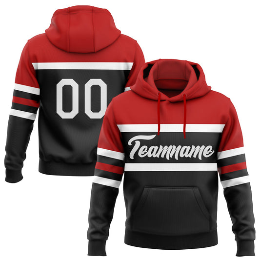 Custom Stitched Black White-Red Line Sports Pullover Sweatshirt Hoodie - Main View