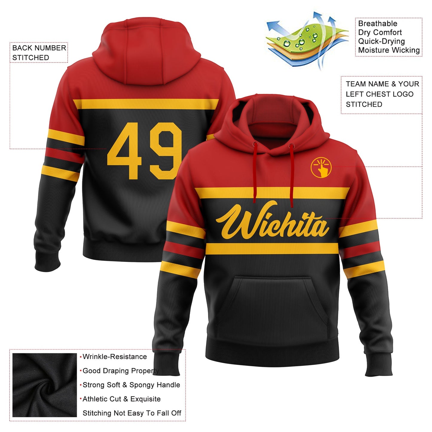 Custom Stitched Black Gold-Red Line Sports Pullover Sweatshirt Hoodie view 2