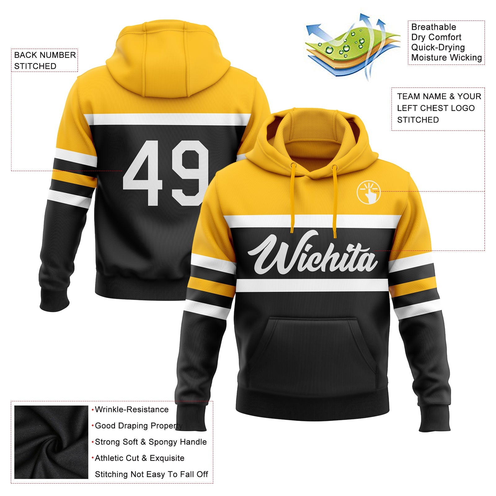 Custom Stitched Black White-Gold Line Sports Pullover Sweatshirt Hoodie view 2