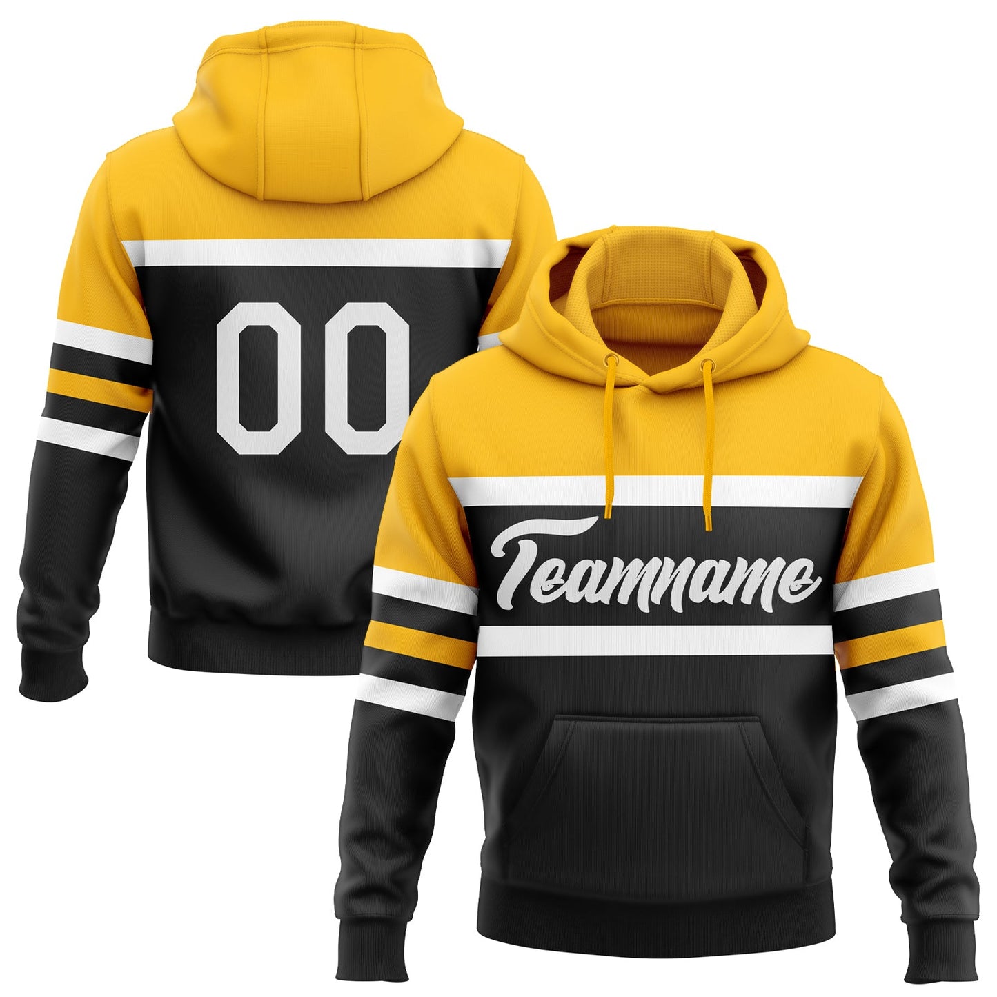 Custom Stitched Black White-Gold Line Sports Pullover Sweatshirt Hoodie - Main View
