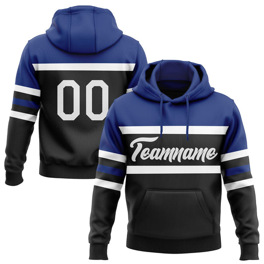 Custom Stitched Black White-Royal Line Sports Pullover Sweatshirt Hoodie - Main View
