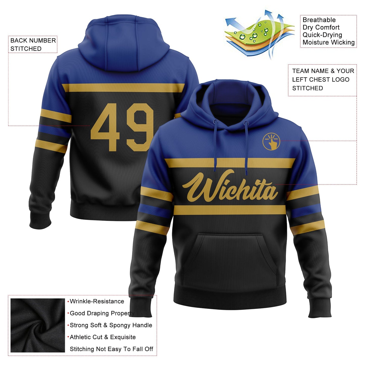 Custom Stitched Black Old Gold-Royal Line Sports Pullover Sweatshirt Hoodie view 2