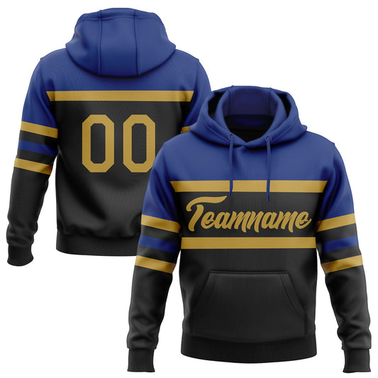 Custom Stitched Black Old Gold-Royal Line Sports Pullover Sweatshirt Hoodie - Main View