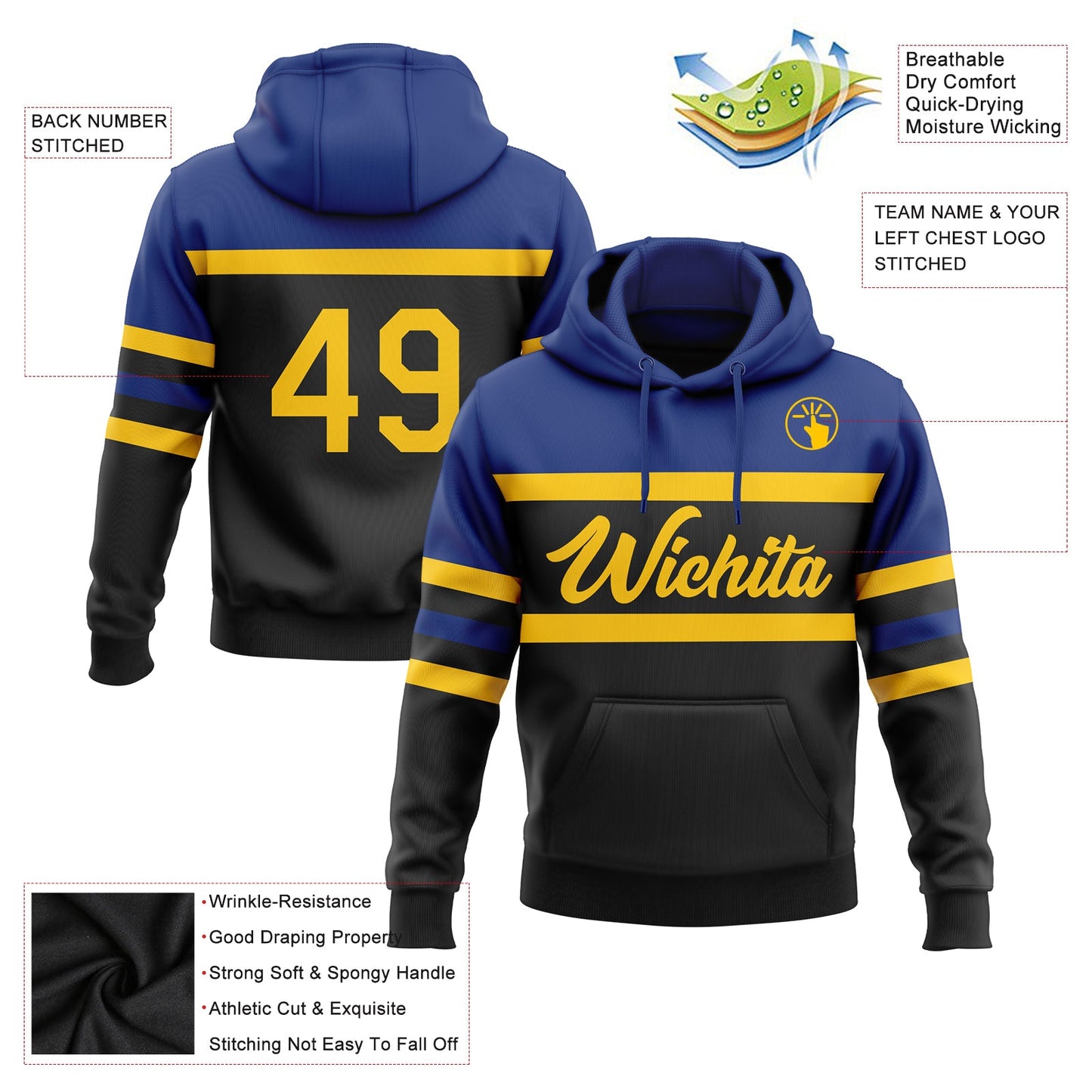 Custom Stitched Black Yellow-Royal Line Sports Pullover Sweatshirt Hoodie view 2
